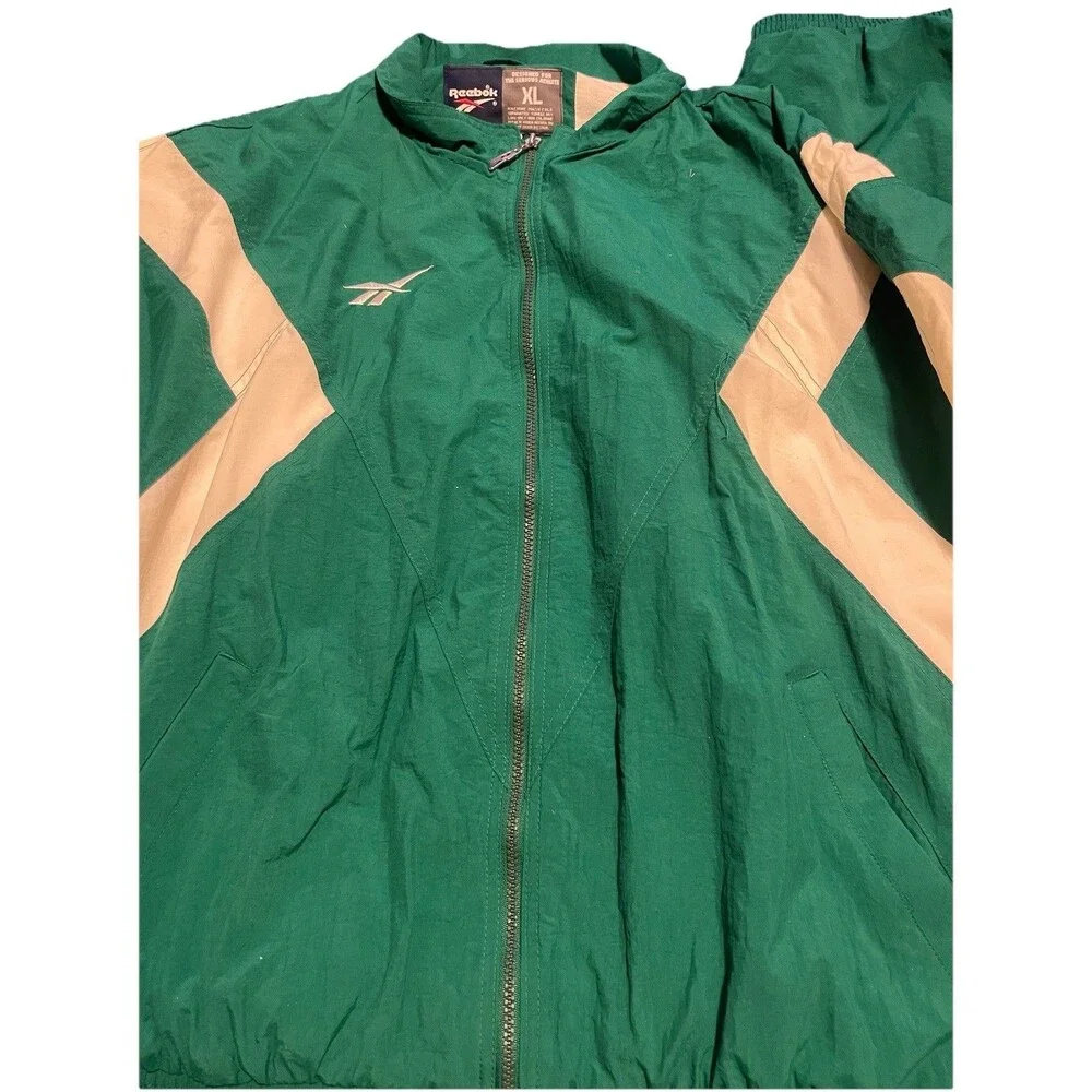 Vtg 90s REEBOK Vector Tracksuit Set XL Green White Windbreaker Jacket Pants